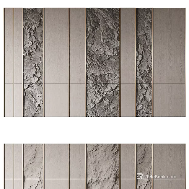 Textured Background Wall Interior With Stone Patterns And Wooden Panels 3d model 