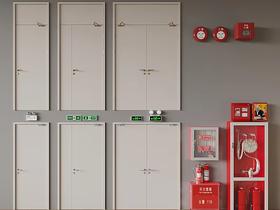 White Storage Doors With Red Fire Safety Equipment And Wall Mounted Emergency Devices 3d model