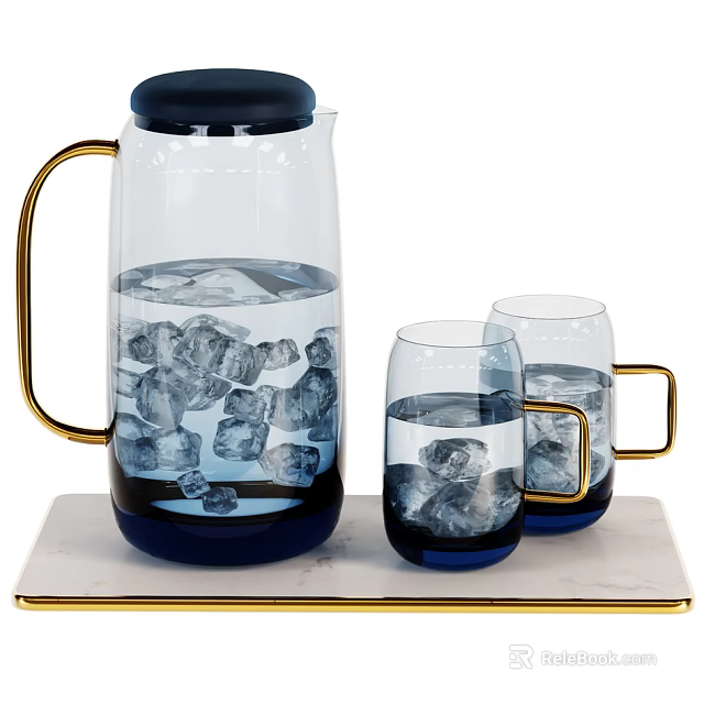 Refreshing Water Drink With Golden Handles Glass Pitcher Cups Ice Cubes On Marble Tray 3d model 