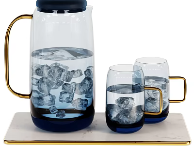Refreshing Water Drink With Golden Handles Glass Pitcher Cups Ice Cubes On Marble Tray 3d model