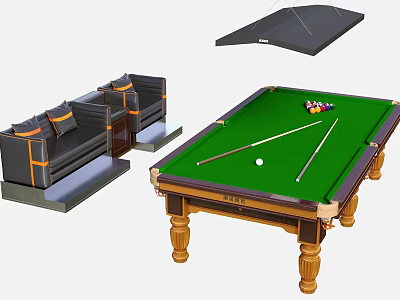 Modern Billiard Room With Green Felt Table Wooden Legs Cues Balls And Comfortable Sofa 3d model