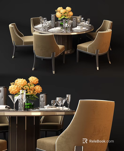 Round Dining Table Set With Beige Chairs Tableware Vase And Yellow Flowers 3d model 