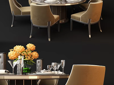 Round Dining Table Set With Beige Chairs Tableware Vase And Yellow Flowers 3d model