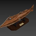 Copper Colored Water Vehicle Model With Sharp Bow On Wooden Base