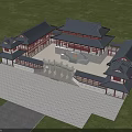 Ancient Chinese Architecture Classic Courtyard with Traditional Roofs Red Walls Stone Gate and Columns