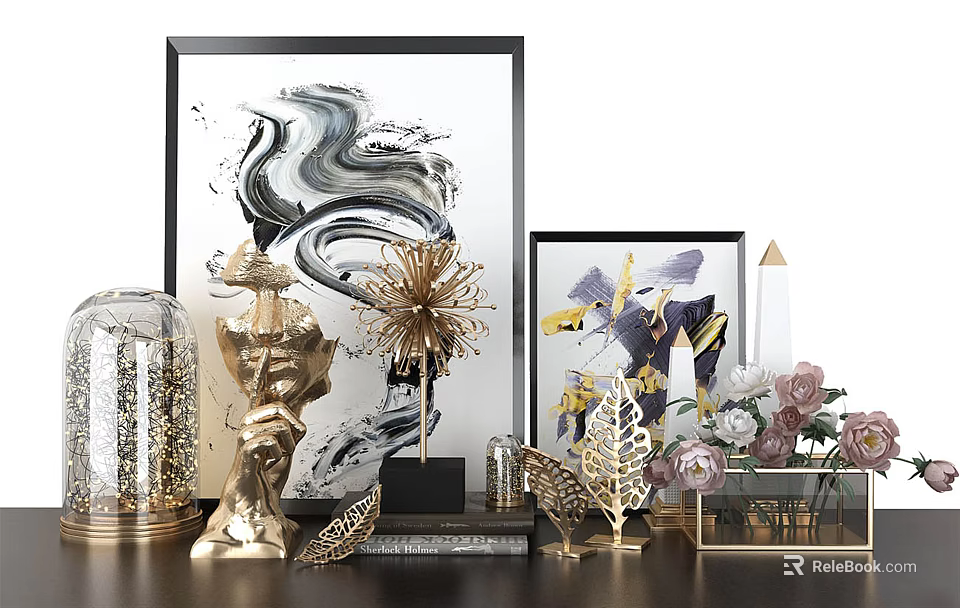 Elegant Modern Decorative Ornament Set with Golden Artwork Glass Cloche Feather and Flower Decorations 3d model 