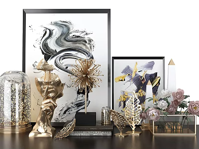 Elegant Modern Decorative Ornament Set with Golden Artwork Glass Cloche Feather and Flower Decorations 3d model