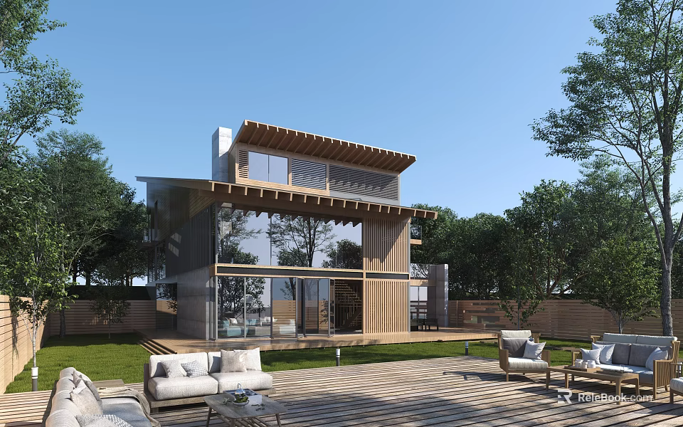 Modern Garden Landscape With Wooden Building Large Windows Outdoor Terrace And Greenery 3d model 
