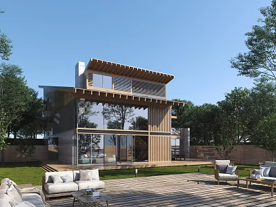 Modern Garden Landscape With Wooden Building Large Windows Outdoor Terrace And Greenery 3d model