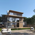 Modern Garden Landscape With Wooden Building Large Windows Outdoor Terrace And Greenery