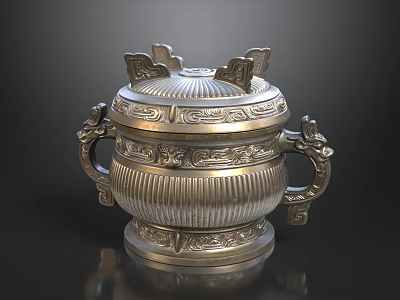 Silver Decorative Vessel with Ornate Lid Dragon Handles and Intricate Patterns 3d model