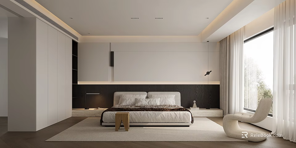 Modern Bedroom Interior Design With White Bed Black Wall Light Rug And Curtains 3d model 