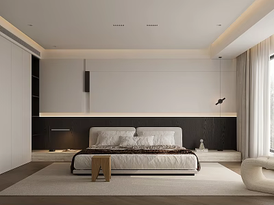 Modern Bedroom Interior Design With White Bed Black Wall Light Rug And Curtains 3d model