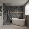 Modern Bathroom Interior With Bathtub Toilet Double Sinks And Marble Countertop