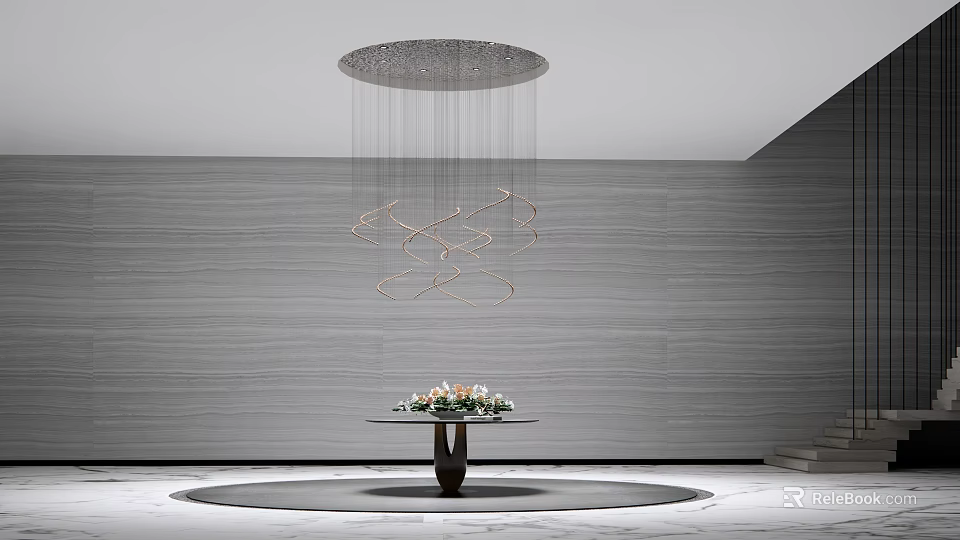 Modern Spiral Chandelier Hanging In Gray Textured Wall Interior With Flower Decorated Table 3d model 