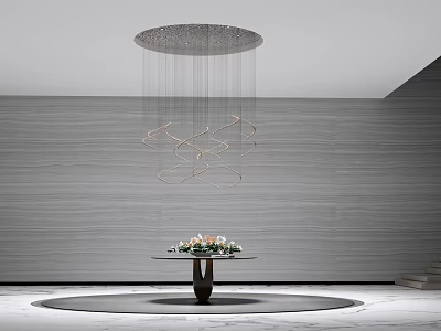 Modern Spiral Chandelier Hanging In Gray Textured Wall Interior With Flower Decorated Table 3d model