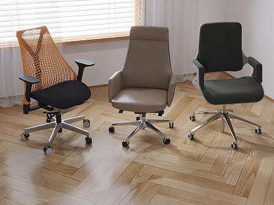 Three Modern Office Chairs With Mesh Leather And Fabric Designs In Office Interior On Wooden Floor 3d model