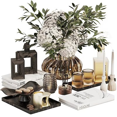 Elegant Decorative Ornament Set With White Floral Bouquet Green Leaves Metallic Vase Candles And Books 3d model