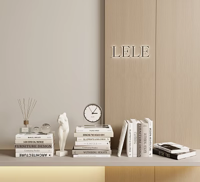 Decorative Ornament Set with Stacked Books Clock Statue Diffuser and Glasses on Wooden Panel 3d model