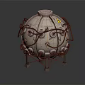 Spherical Industrial Equipment With Metal Pipes Valves And Warning Signs On Support Stand