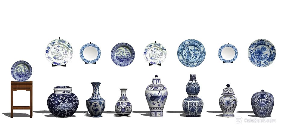 Blue and White Porcelain Ceramic Wares with Various Plates Vases and Jars 3d model 