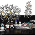 Festive Christmas Scene With Snowmen Decorated Trees Table Chairs And Street Lamp