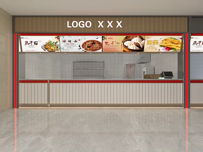 Modern Mall Food Shop With Glass Display Counter And Noodle Snacks 3d model