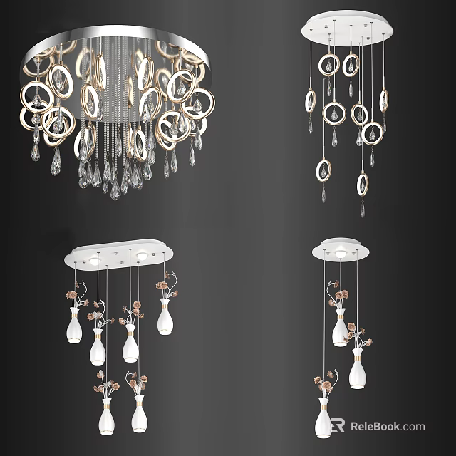 Modern Ceiling Lights With Circular Rings Crystal Pendants And Vase Shaped Elements 3d model 