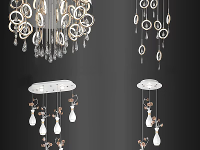 Modern Ceiling Lights With Circular Rings Crystal Pendants And Vase Shaped Elements 3d model