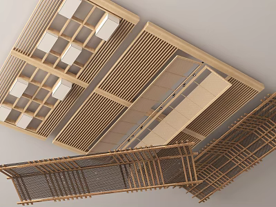 Modern Wooden Ceiling Design With Slatted Lattice Patterns And Recessed Lights 3d model