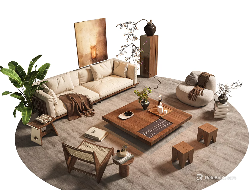 Modern Beige Sofa And Wooden Coffee Table Set With Green Plants Small Stools And Carpet 3d model 