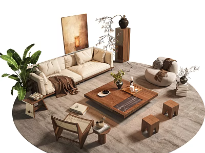 Modern Beige Sofa And Wooden Coffee Table Set With Green Plants Small Stools And Carpet 3d model