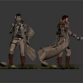 Detailed Game Movie Character Figures With Long Coat Holding Pistol Standing On Stone Grass Base