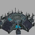 Dark Gothic Decorative Structure With Circular Rune Pattern Spiked Decorations Stairs And Blue Glowing Elements