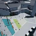 Modern Commercial Street Waterfront Pedestrian Walkway With Contemporary Architecture And Storefronts