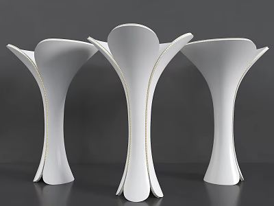 Three White Petal Shaped Columns With Golden Trim On Dark Background 3d model
