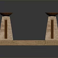 Symmetric Stone Architectural Structure With Copper Bowl Tops And Central Steps