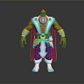 Muscular Old Man 3D Character in Purple Green Outfit with Ornate Cloak on Gray Background