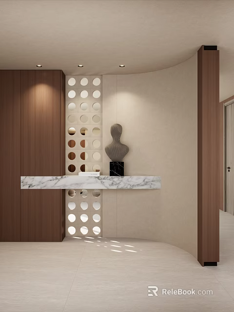 Modern Entryway Hallway With Wooden Panel Circular Hole Partition Marble Countertop And Sculpture Decor 3d model 