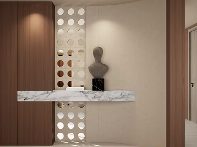Modern Entryway Hallway With Wooden Panel Circular Hole Partition Marble Countertop And Sculpture Decor 3d model