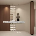 Modern Entryway Hallway With Wooden Panel Circular Hole Partition Marble Countertop And Sculpture Decor