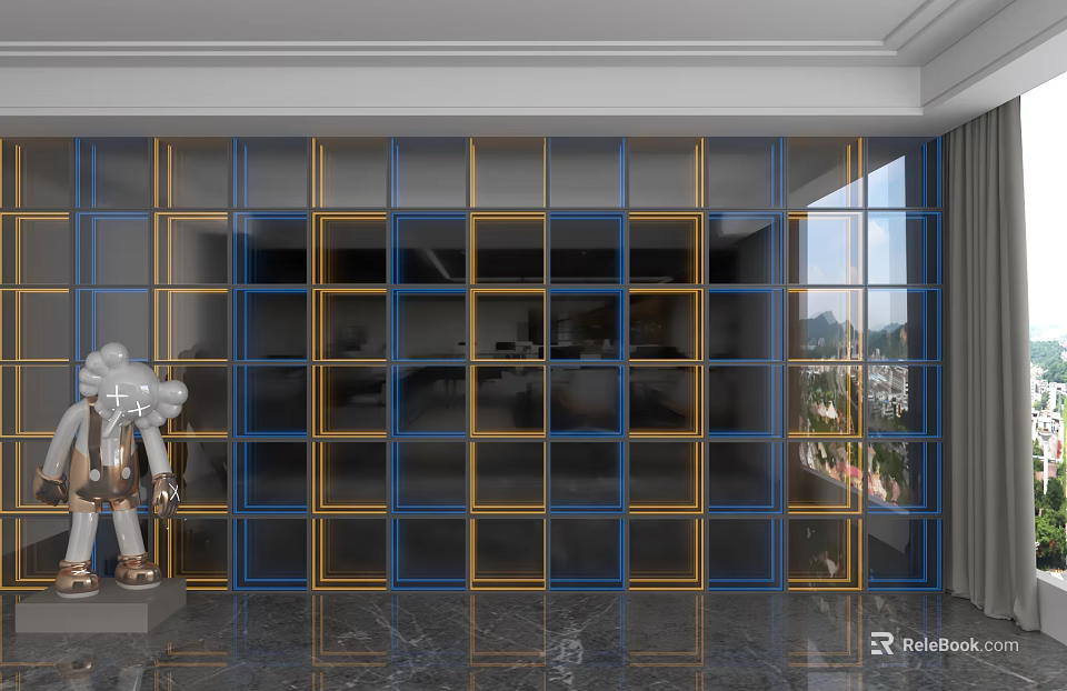 Modern Background Wall With Blue Gold Grid Glass Panels Sculpture And Large Window 3d model 