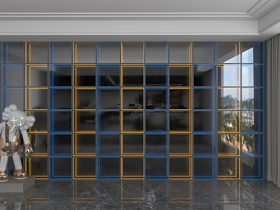 Modern Background Wall With Blue Gold Grid Glass Panels Sculpture And Large Window 3d model