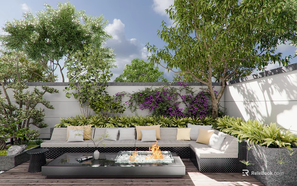 Lush Green Feature Wall With Purple Flowers And Outdoor Sofa In Garden Patio 3d model 