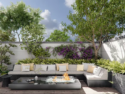 Lush Green Feature Wall With Purple Flowers And Outdoor Sofa In Garden Patio 3d model