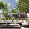 Lush Green Feature Wall With Purple Flowers And Outdoor Sofa In Garden Patio