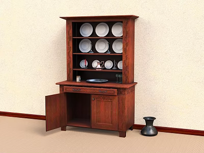Wooden China Cabinet With Open Door Drawer And Shelves Displaying White Plates Decorative Vase 3d model