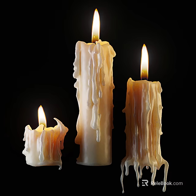 Three Burning Candle Lamps With Melting Wax Drips On Black Background 3d model 