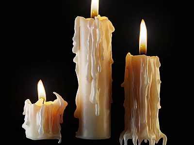 Three Burning Candle Lamps With Melting Wax Drips On Black Background 3d model