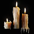 Three Burning Candle Lamps With Melting Wax Drips On Black Background